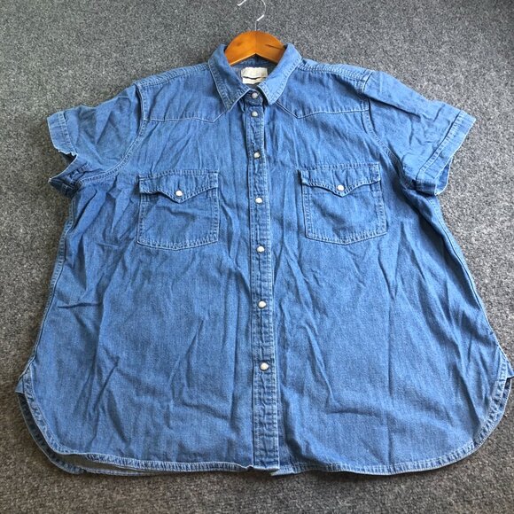 J Crew Shirt Womens 18 Blue Denim Pearl Snap Chambray Top Western Short Sleeve - Picture 2 of 9